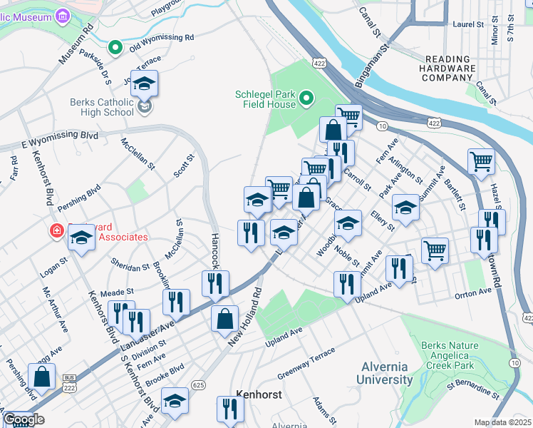 map of restaurants, bars, coffee shops, grocery stores, and more near 625 Gregg Avenue in Reading