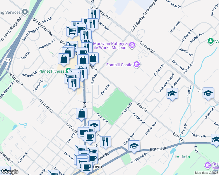 map of restaurants, bars, coffee shops, grocery stores, and more near 184 Davis Road in Doylestown