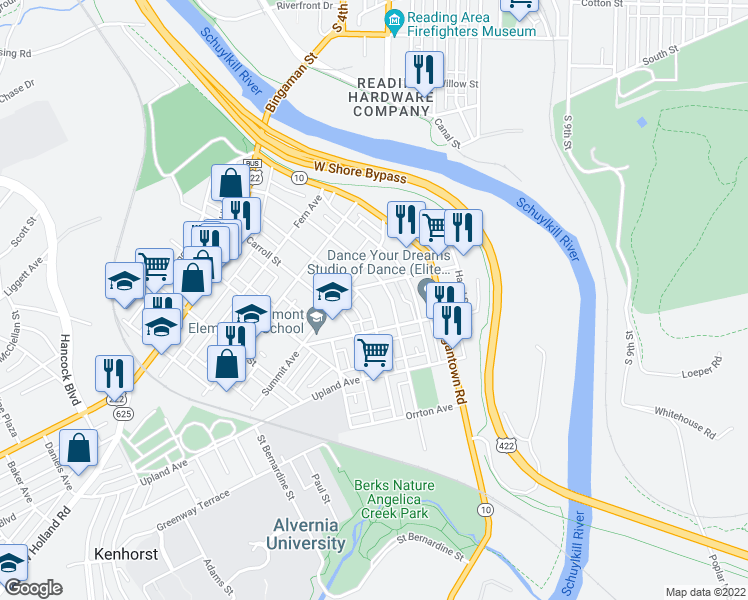 map of restaurants, bars, coffee shops, grocery stores, and more near 309 Crestmont Street in Reading