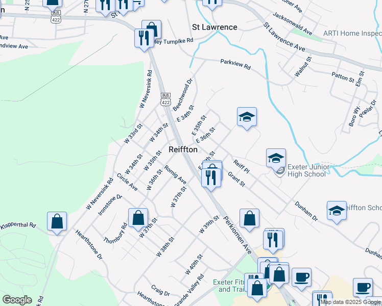 map of restaurants, bars, coffee shops, grocery stores, and more near 3603 Perkiomen Avenue in Reading