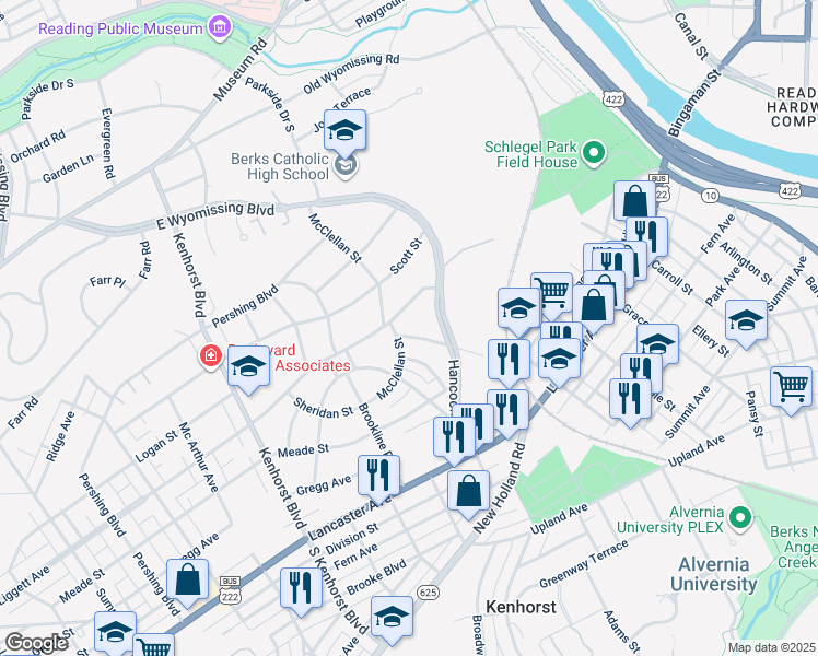map of restaurants, bars, coffee shops, grocery stores, and more near 217 Gerry Street in Reading