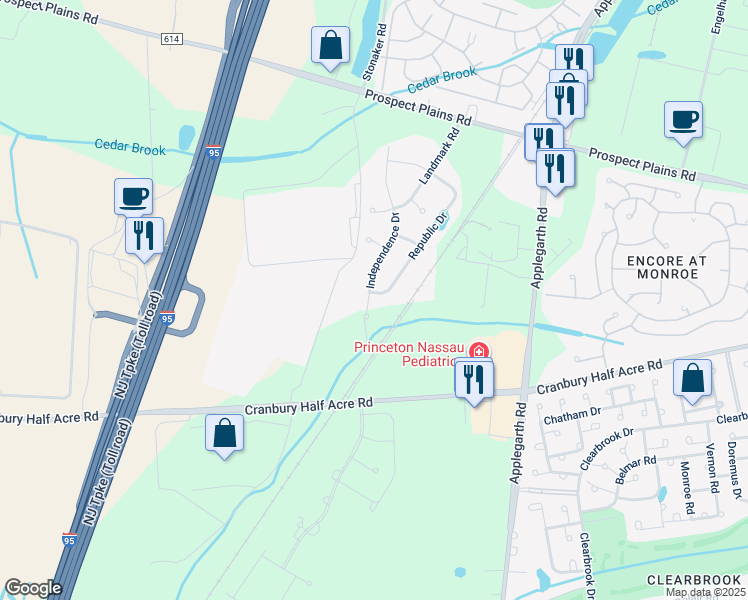 map of restaurants, bars, coffee shops, grocery stores, and more near 66 Republic Drive in Monroe Township