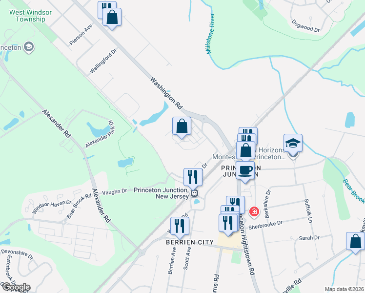 map of restaurants, bars, coffee shops, grocery stores, and more near 34-44 Washington Road in Princeton Junction