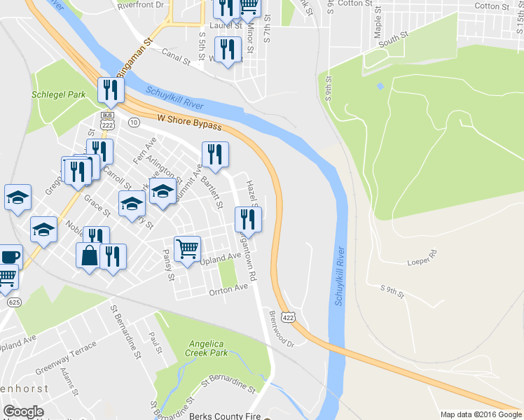map of restaurants, bars, coffee shops, grocery stores, and more near 361 Hazel Street in Reading