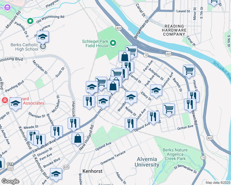 map of restaurants, bars, coffee shops, grocery stores, and more near 536 Lancaster Avenue in Reading
