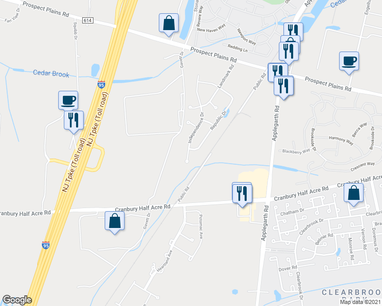 map of restaurants, bars, coffee shops, grocery stores, and more near 66 Republic Drive in Monroe Township