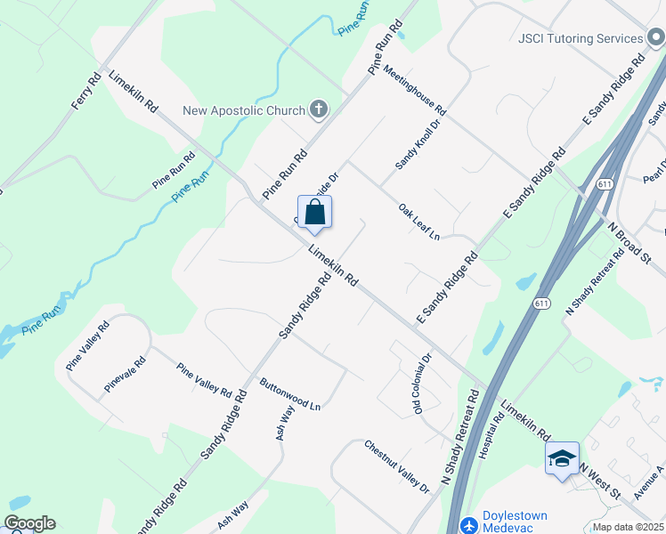 map of restaurants, bars, coffee shops, grocery stores, and more near 1082 Sandy Ridge Road in Doylestown