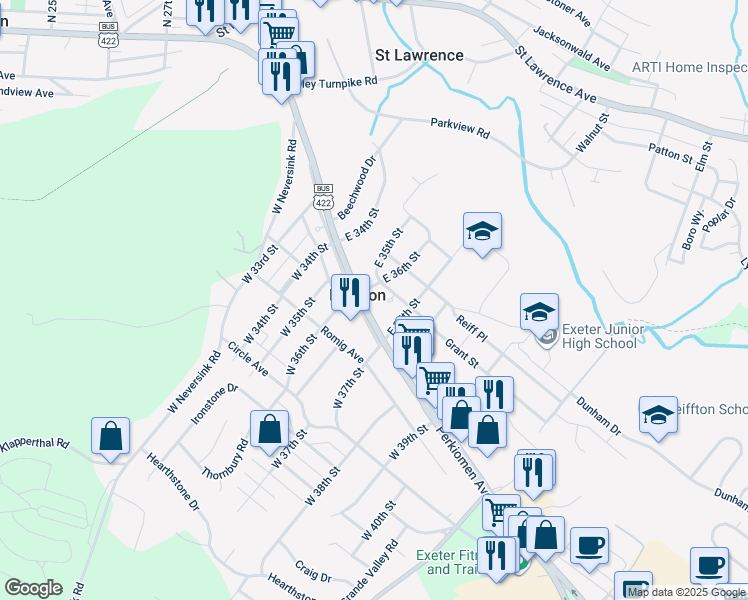 map of restaurants, bars, coffee shops, grocery stores, and more near 3603 Perkiomen Avenue in Reading