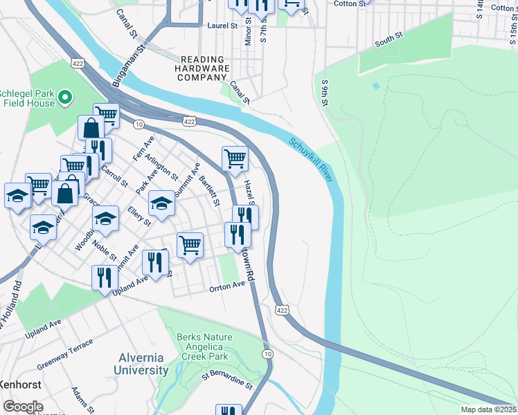 map of restaurants, bars, coffee shops, grocery stores, and more near 359 Hazel Street in Reading