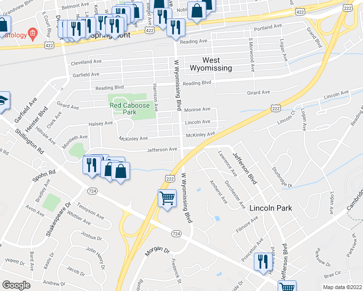 map of restaurants, bars, coffee shops, grocery stores, and more near West Wyomissing Boulevard in Reading