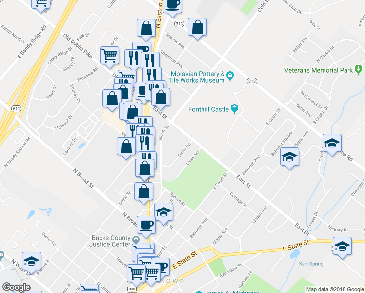 map of restaurants, bars, coffee shops, grocery stores, and more near 167 Davis Road in Doylestown