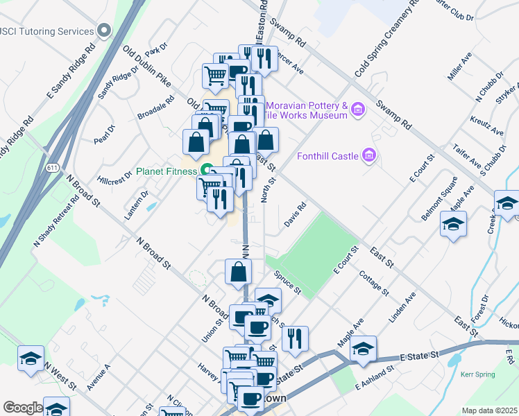 map of restaurants, bars, coffee shops, grocery stores, and more near 418 North Street in Doylestown
