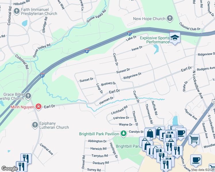 map of restaurants, bars, coffee shops, grocery stores, and more near 4923 Bretney Drive in Harrisburg