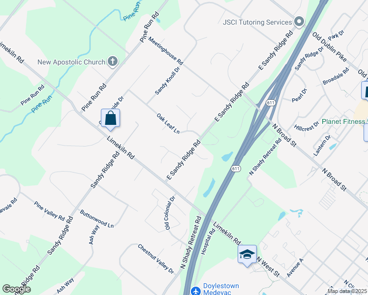 map of restaurants, bars, coffee shops, grocery stores, and more near 864 East Sandy Ridge Road in Doylestown
