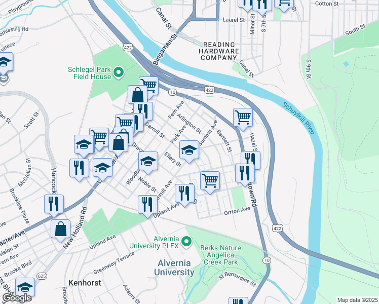 map of restaurants, bars, coffee shops, grocery stores, and more near 315 Carroll Street in Reading
