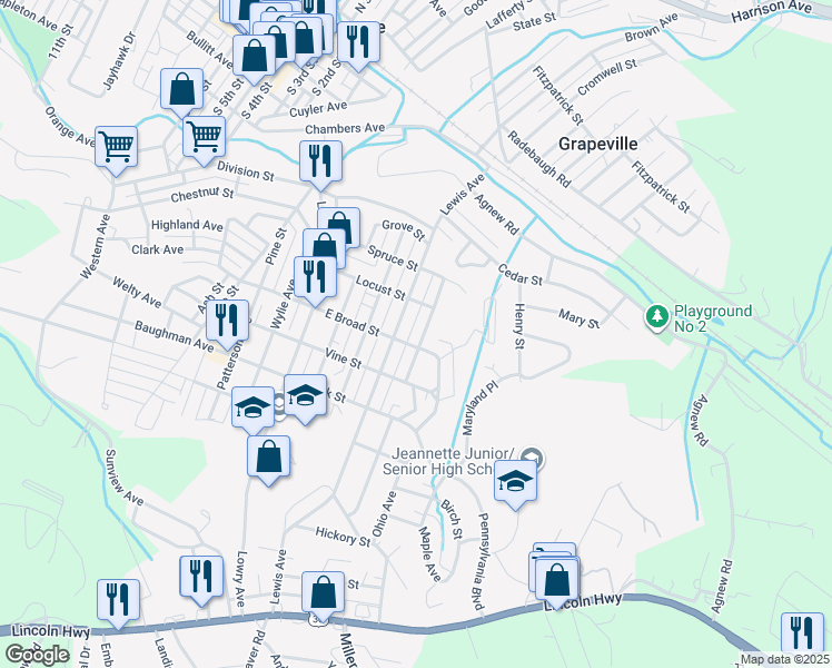 map of restaurants, bars, coffee shops, grocery stores, and more near 700 Jefferson Avenue in Jeannette