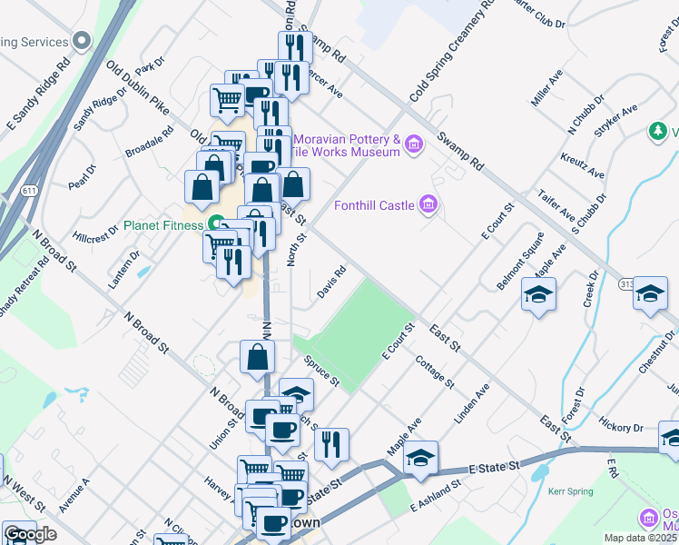 map of restaurants, bars, coffee shops, grocery stores, and more near 184 Davis Road in Doylestown