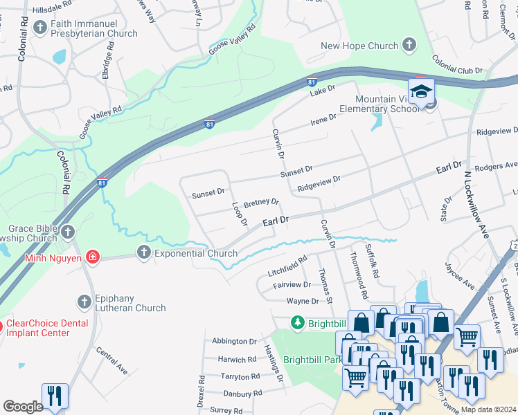 map of restaurants, bars, coffee shops, grocery stores, and more near 4923 Bretney Drive in Harrisburg