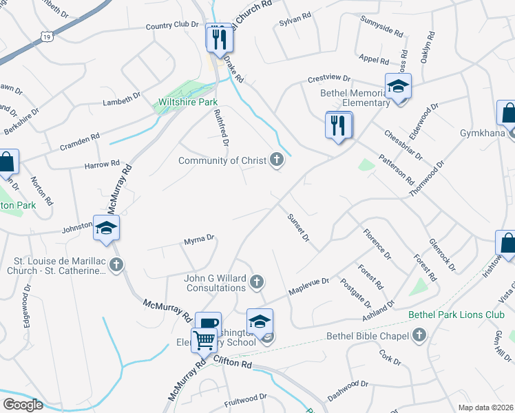 map of restaurants, bars, coffee shops, grocery stores, and more near 3515 South Park Road in Bethel Park