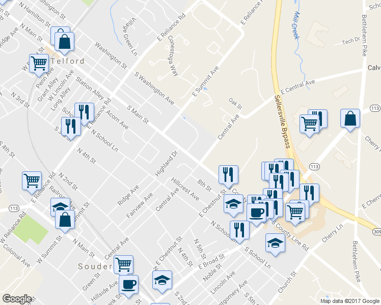 map of restaurants, bars, coffee shops, grocery stores, and more near 603 South Main Street in Telford