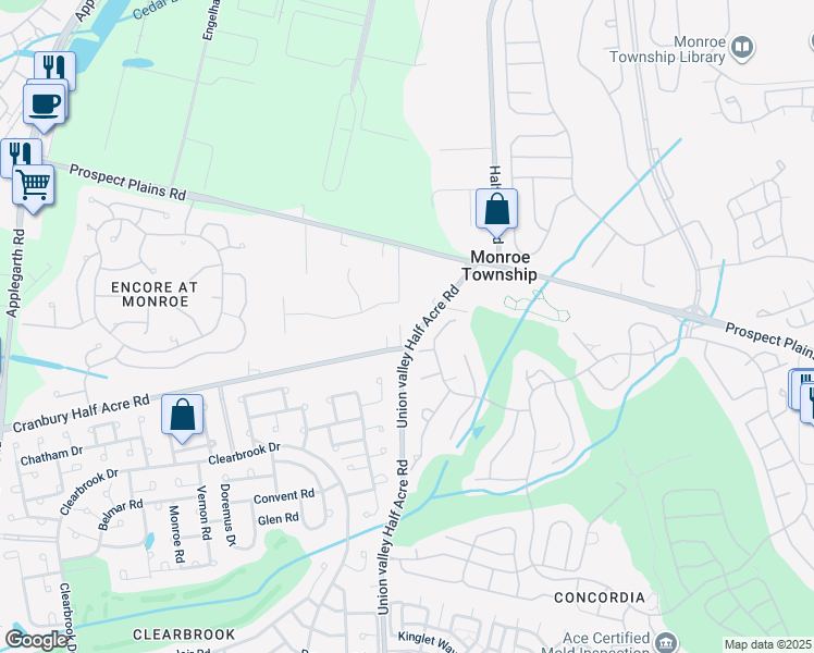 map of restaurants, bars, coffee shops, grocery stores, and more near 4 Barbara Fritchie Court in Monroe Township