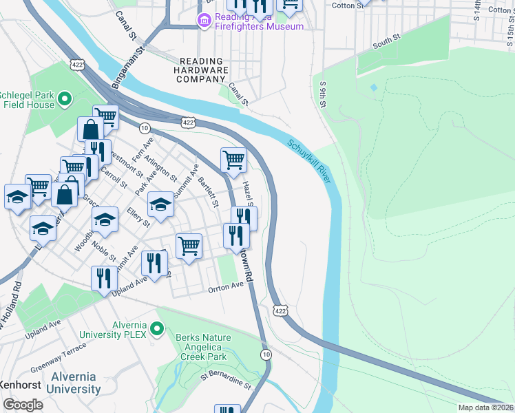 map of restaurants, bars, coffee shops, grocery stores, and more near 377 Hazel Street in Reading