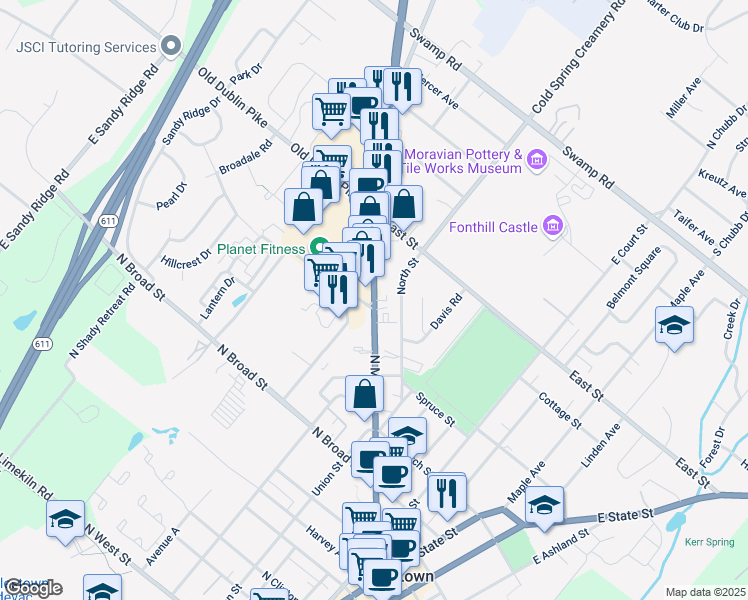 map of restaurants, bars, coffee shops, grocery stores, and more near 386 North Main Street in Doylestown