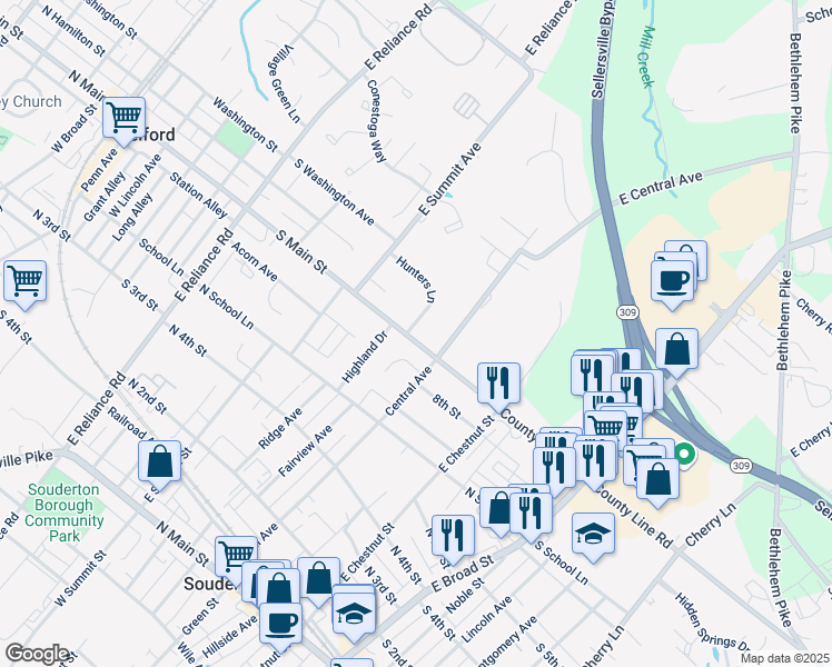 map of restaurants, bars, coffee shops, grocery stores, and more near 603 South Main Street in Telford