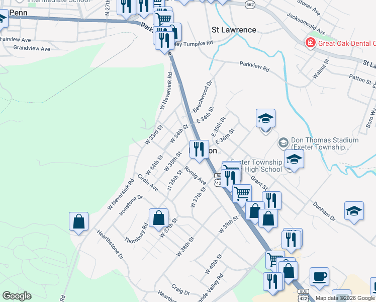 map of restaurants, bars, coffee shops, grocery stores, and more near 9 West 35th Street in Reading