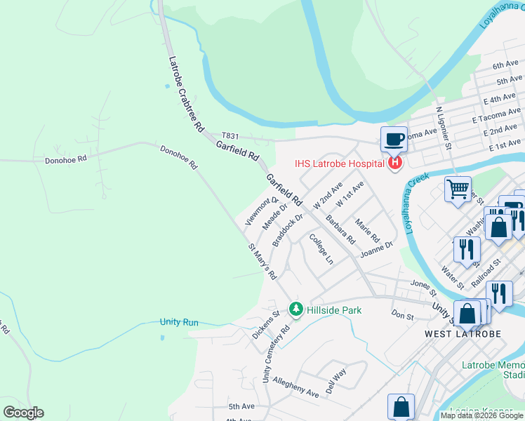 map of restaurants, bars, coffee shops, grocery stores, and more near 62 Viewmont Drive in Latrobe