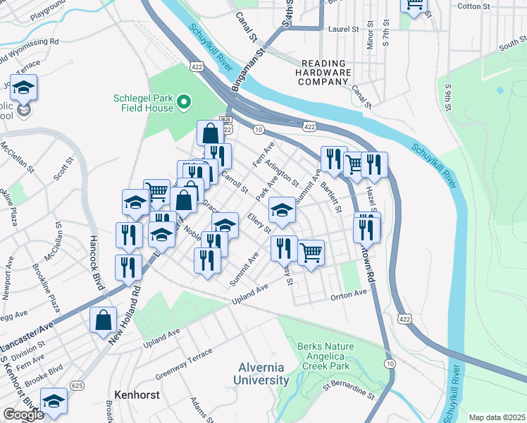 map of restaurants, bars, coffee shops, grocery stores, and more near 216 Carroll Street in Reading