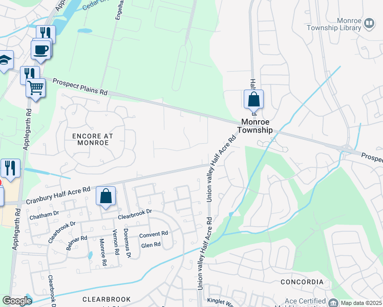 map of restaurants, bars, coffee shops, grocery stores, and more near 274 Cranbury Half Acre Road in Monroe Township