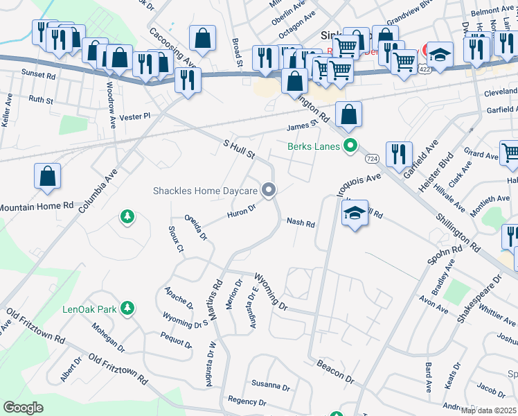 map of restaurants, bars, coffee shops, grocery stores, and more near 366 Martins Road in Sinking Spring