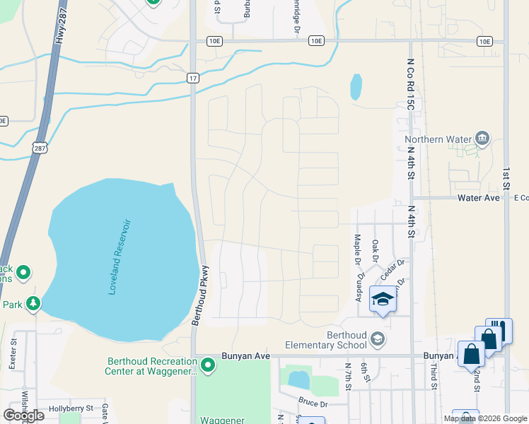 map of restaurants, bars, coffee shops, grocery stores, and more near 1516 Vantage Parkway in Berthoud