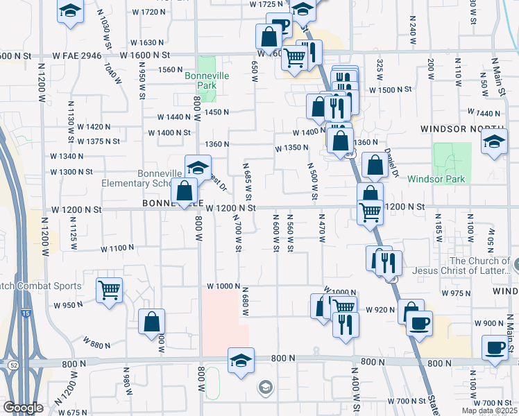 map of restaurants, bars, coffee shops, grocery stores, and more near 1164 North 660 West in Orem