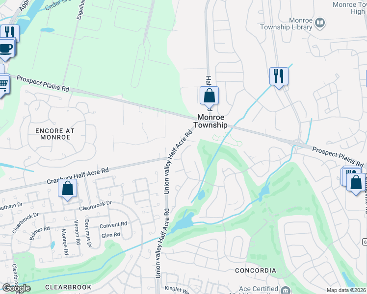 map of restaurants, bars, coffee shops, grocery stores, and more near 17B Patrick Henry Court in Monroe Township