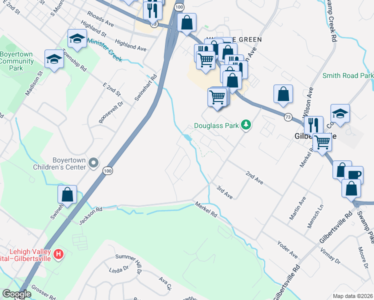 map of restaurants, bars, coffee shops, grocery stores, and more near 101 Jackson Road in Gilbertsville