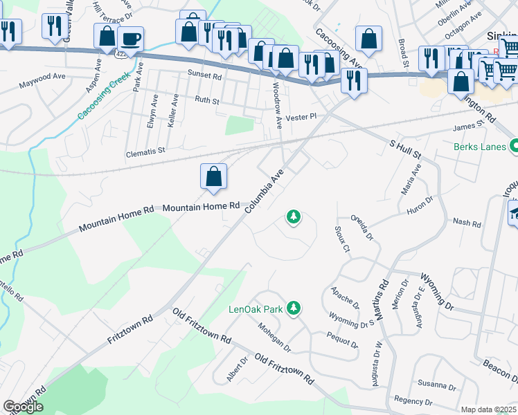map of restaurants, bars, coffee shops, grocery stores, and more near 7 Michigan Drive in Sinking Spring