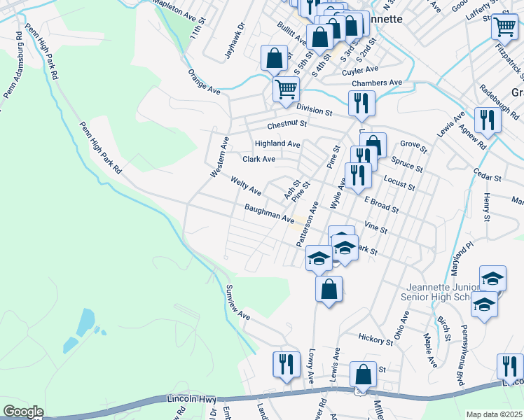 map of restaurants, bars, coffee shops, grocery stores, and more near 517 Penn High Park Road in Jeannette