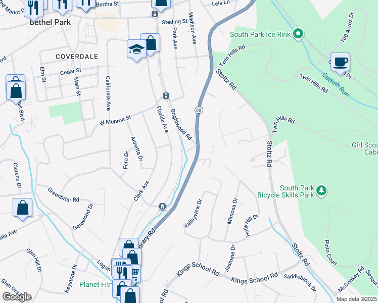 map of restaurants, bars, coffee shops, grocery stores, and more near 5628 Library Road in Bethel Park