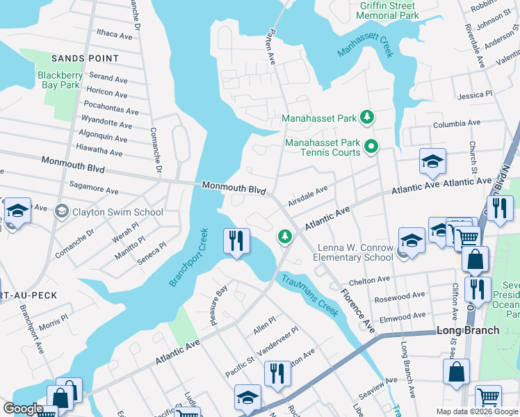 map of restaurants, bars, coffee shops, grocery stores, and more near 79 Shrewsbury Drive in Long Branch
