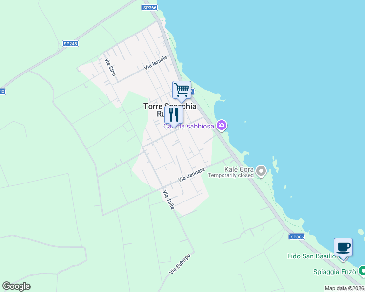map of restaurants, bars, coffee shops, grocery stores, and more near 13 Via Jannara in Torre Specchia Ruggeri