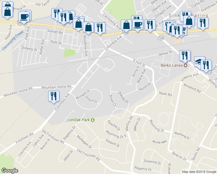 map of restaurants, bars, coffee shops, grocery stores, and more near 356 Sioux Court in Sinking Spring
