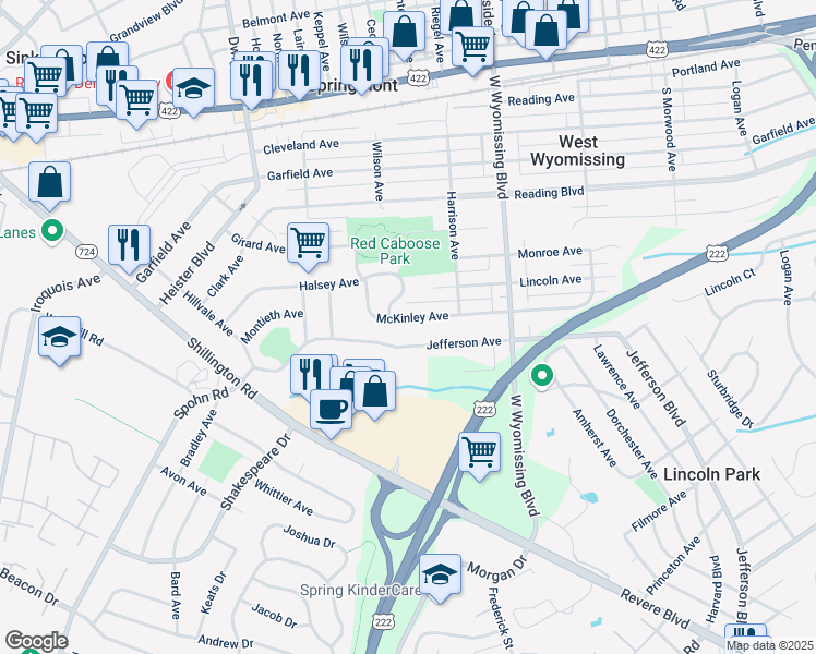 map of restaurants, bars, coffee shops, grocery stores, and more near 2468 Jefferson Avenue in West Lawn