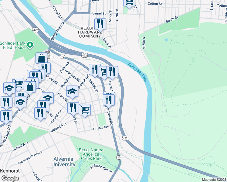 map of restaurants, bars, coffee shops, grocery stores, and more near 347 Hazel Street in Reading