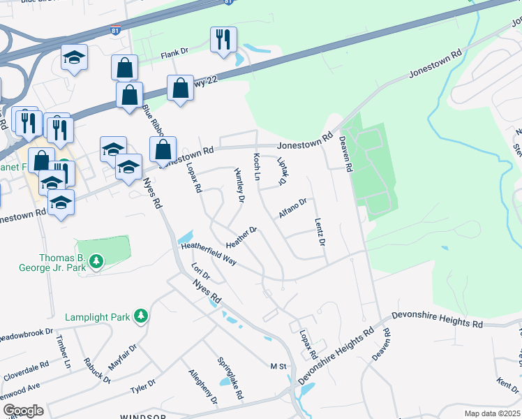 map of restaurants, bars, coffee shops, grocery stores, and more near 122 Koch Lane in Harrisburg