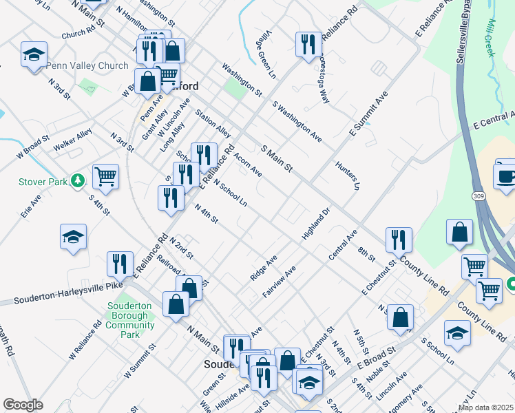 map of restaurants, bars, coffee shops, grocery stores, and more near 387 School Lane in Telford