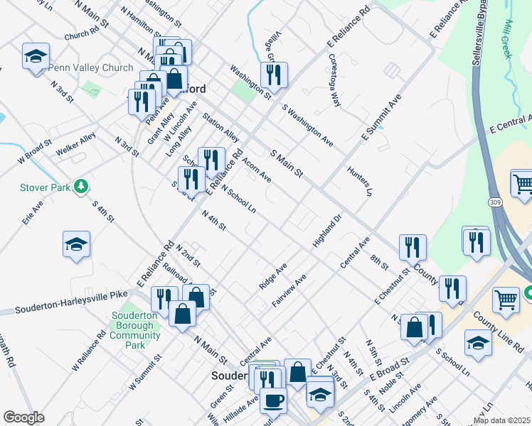 map of restaurants, bars, coffee shops, grocery stores, and more near 387 School Lane in Telford