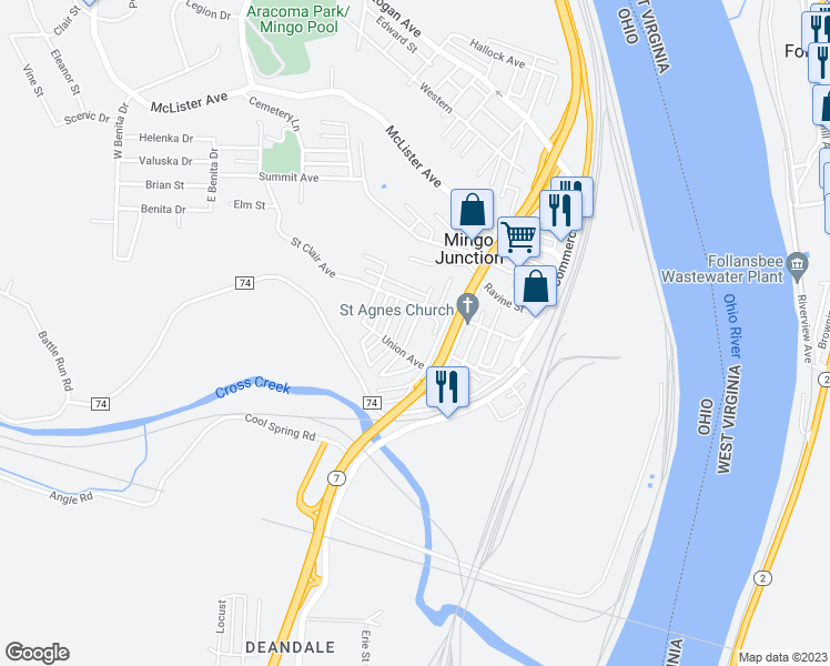 map of restaurants, bars, coffee shops, grocery stores, and more near 122 Madison Avenue in Mingo Junction
