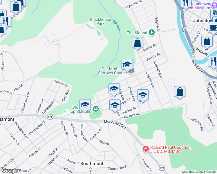 map of restaurants, bars, coffee shops, grocery stores, and more near 398 Geneva Avenue in Johnstown